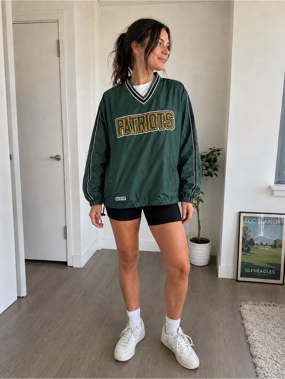 Green Patriots Pullover Varsity Jacket with Yellow Lettering